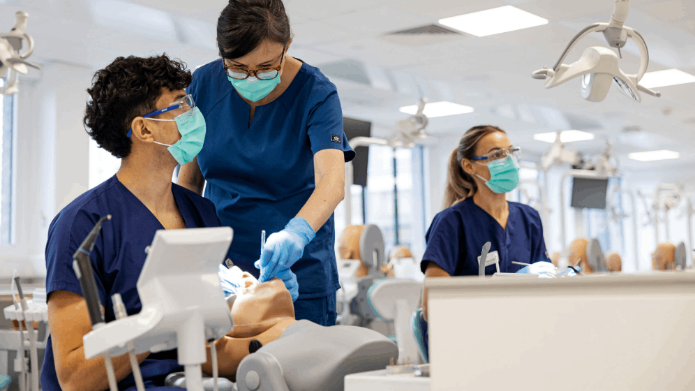 a clinician and two students working on a phantom head